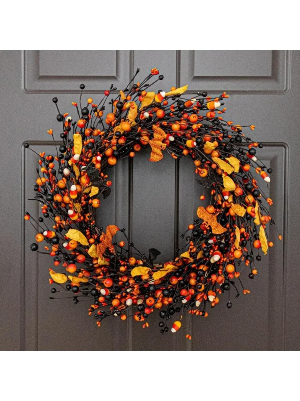18-Inch Vintage Halloween Wreath - Black & Orange Berry Decor with Glitter Bat